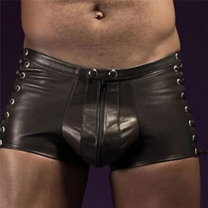Faux Leather Mens Boxers Shorts Exotic Apparel Sex Hollow Out Strappy Underwear Lingerie Sexy Black Wetlook Short Pants H6624