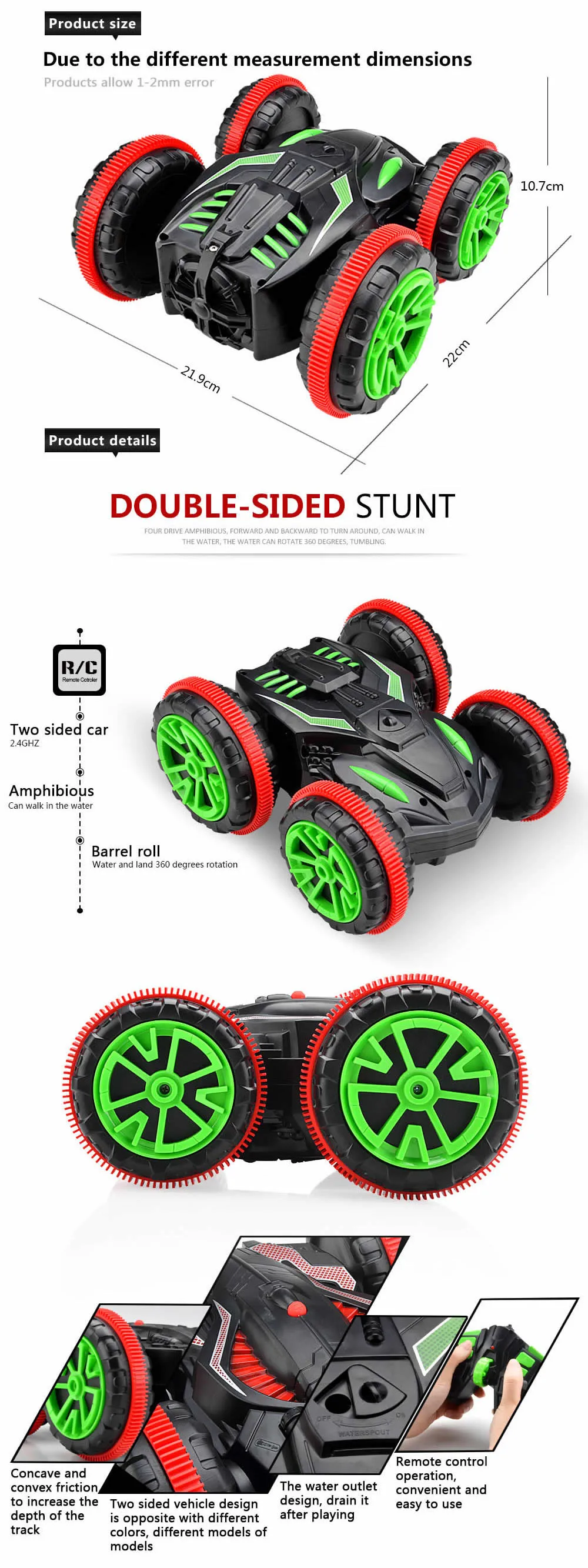 6CH Double Sided 360°Spin Amphibious Stunt Electric Remote Control Car 