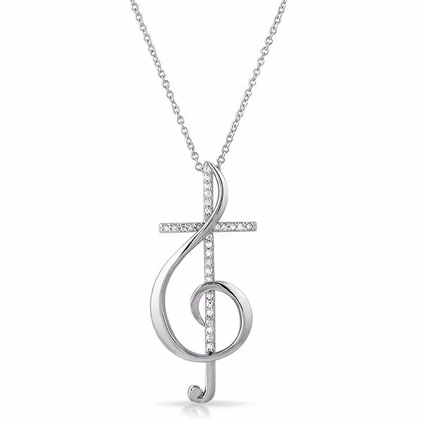 Beautiful 925 Sterling Silver Zircon Treble Clef Cross Pendant Necklace ...