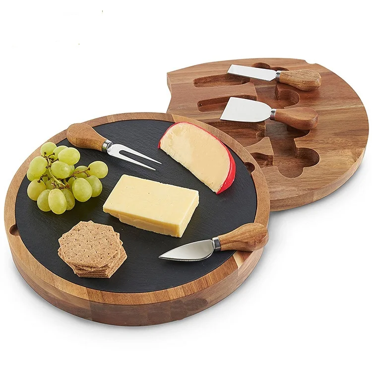 Wholesale Small Round Acacia Wood Black Slate Cheese Meat Charcuterie