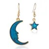 Korea small and fresh drop oil blue moon star earrings asymmetrical moon shaped earrings.