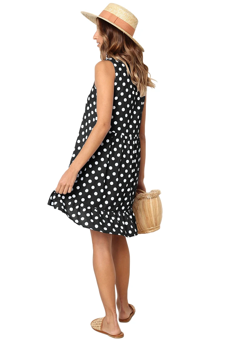 Summer Dot Ruffled Hem Loose Fit Boho Dress  Women Bohemian Tank Dress