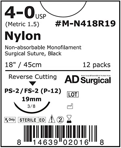 UNIFY Surgical Nylon Sutures. #M-N418R19 Non-absorbable. Mono Black. Size 4/0. 18" 45cm Thread. 19mm 3/8 Circle R/C Needle (FS-2). 12 Foil Packs/Box.