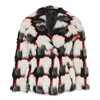 multicolour geometric pattern faux fur coat with diamond button fastening at front
