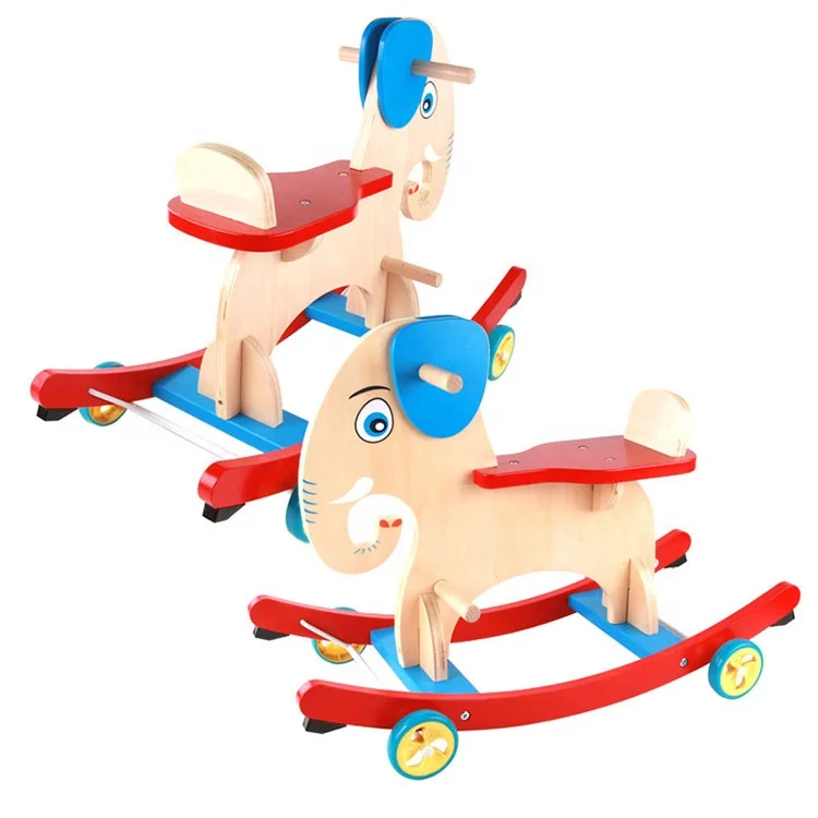 Wholesales Elephant Designed Wooden Rocking Horse Baby Wood Ride On Animal Toys With Wheels