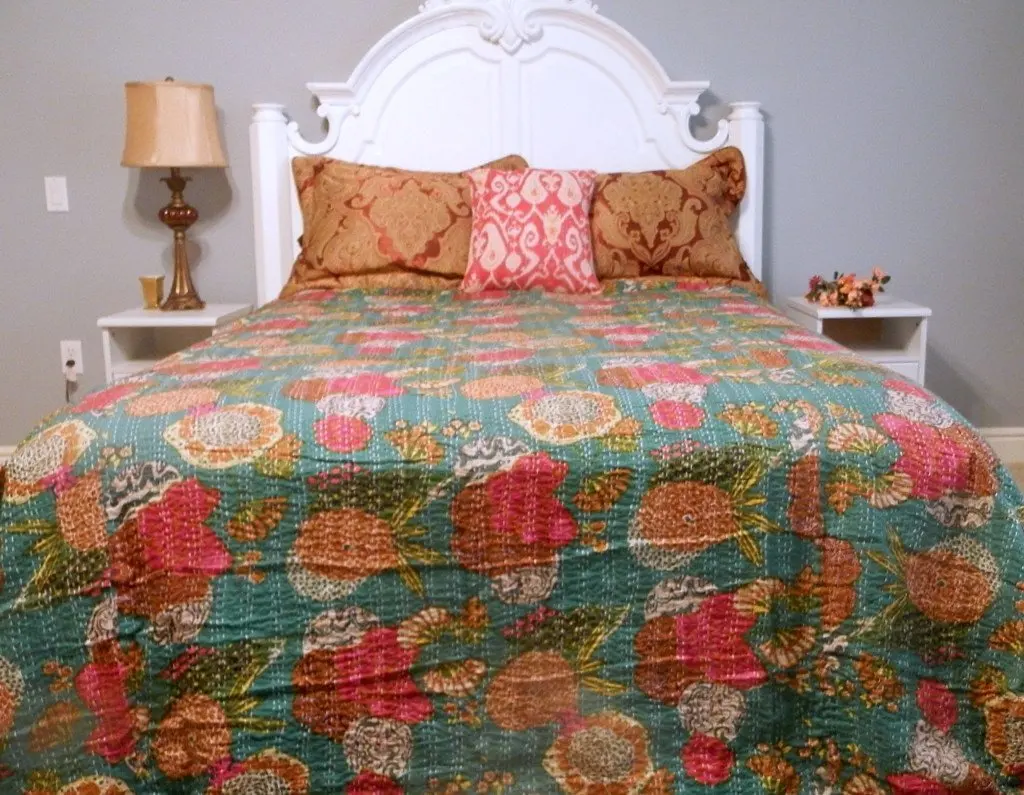 King D Green Kantha Quilt Bedspreads Tropical Quilts Comforters