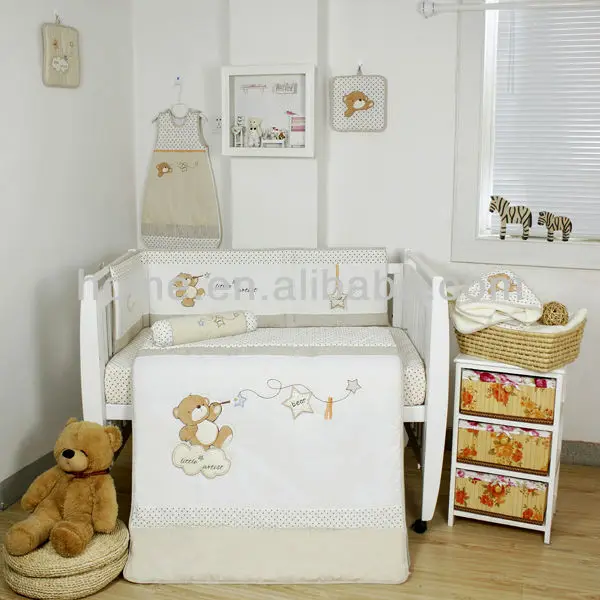 Hot Sale Unisex Baby Bedding Set With Bear Embroidery In Beige