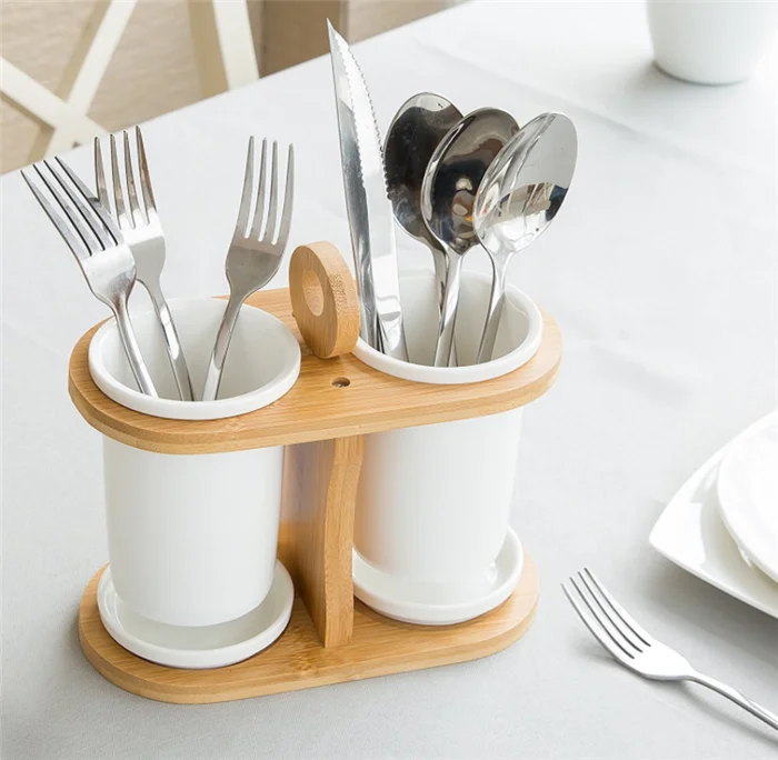 Removable Ceramic Utensil Holder With Oval Shape Bamboo Rack Or