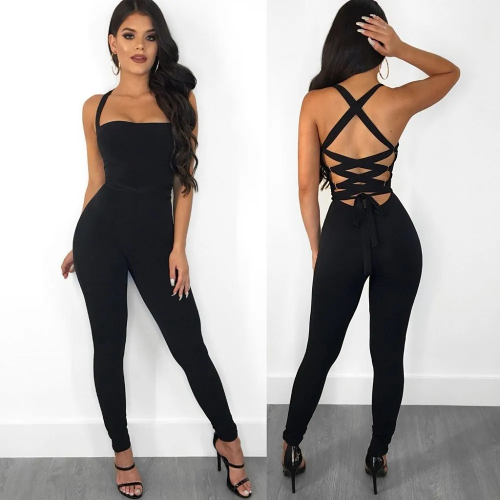 European style sexy backless deep v neck  jumpsuit 2019 latest women sleeveless jumpsuit with long skinny pants