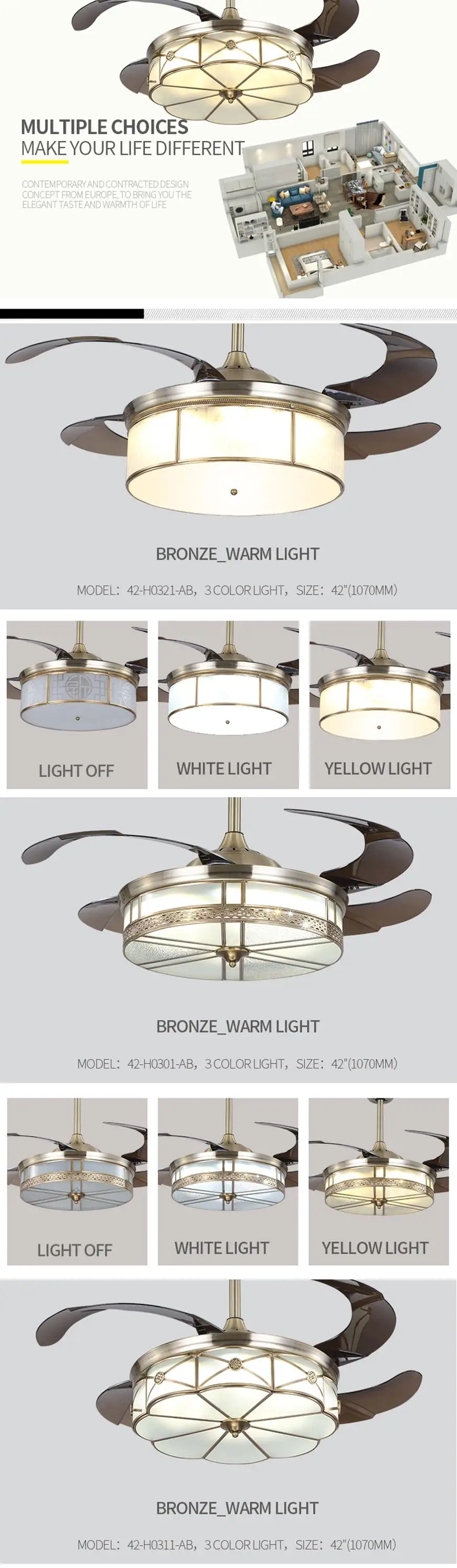 Best selling factory price high quality hidden blades ceiling fan with led light