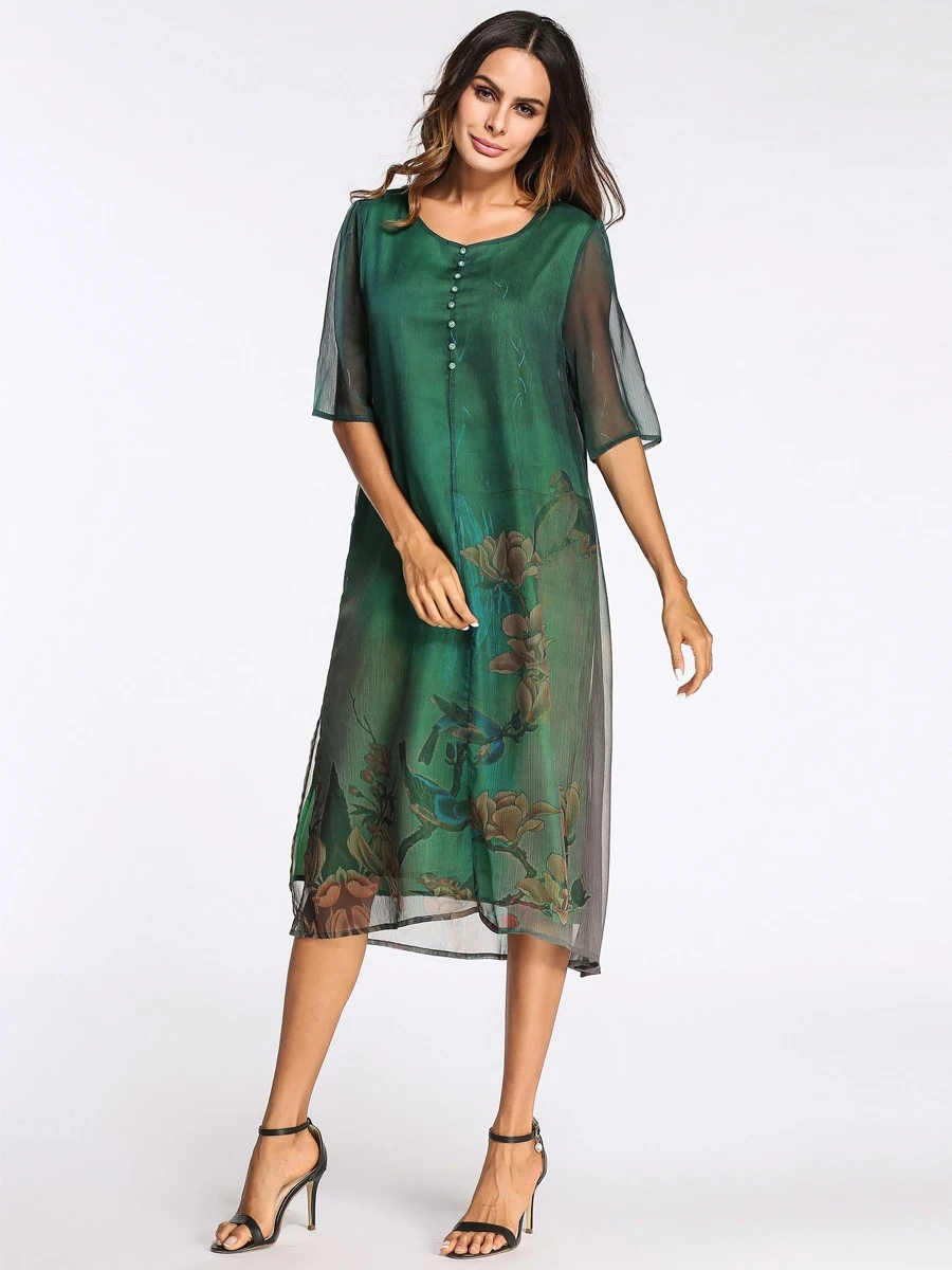 A3433 Summer Printed Landscape Green Dress Natural Silk Plus Size Short