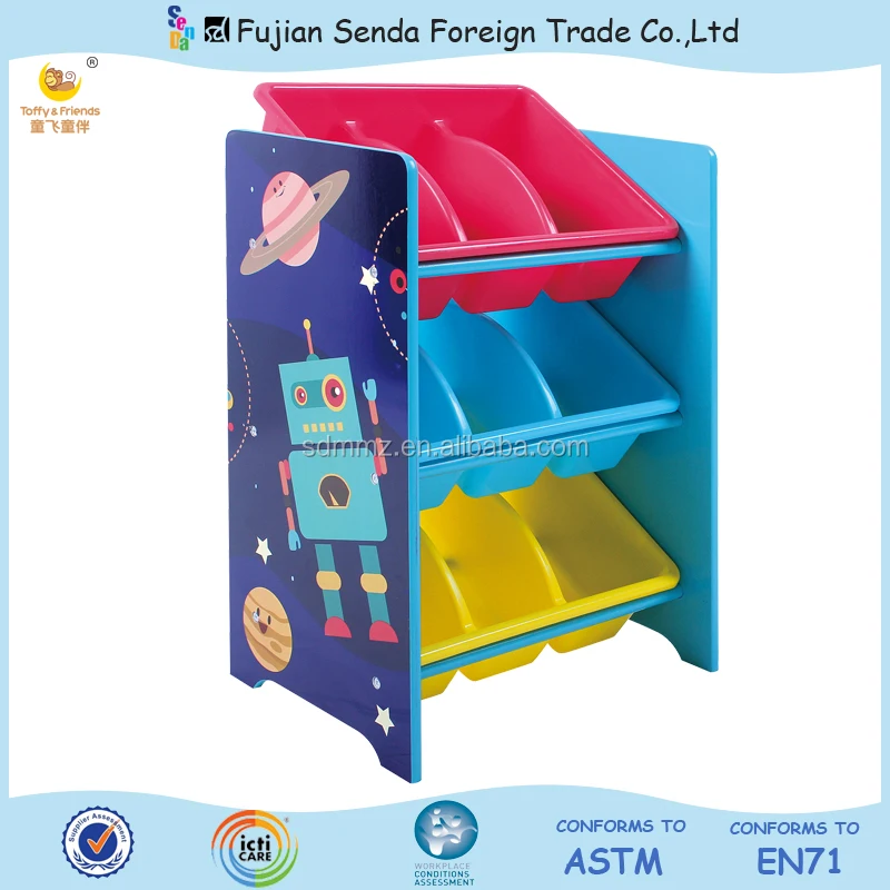 toy storage shelf with plastic bins