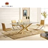 modern furniture design dining room set home use golden stainless steel glass top dinner table and chair set