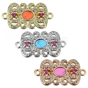 Wholesale gold plated cubic zirconia brass connectors for DIY jewelry supplies 23x12x3.5mm 1299521