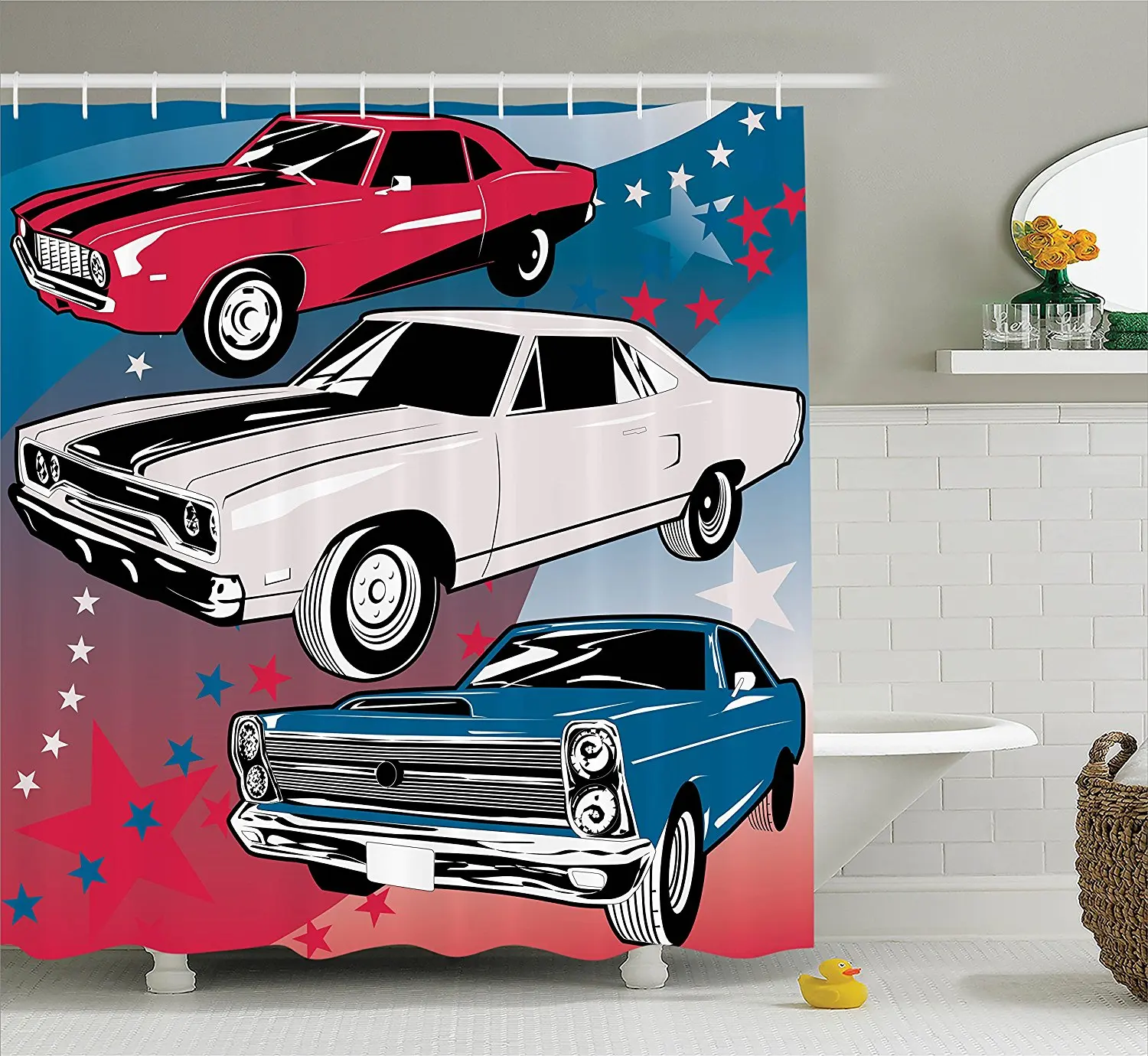 Buy Ambesonne Cars Decor Collection Pop Art Stylized Group Of Nostalgic American Muscle Cars With Stars Steam Antique Print Polyester Fabric Bathroom Shower Curtain 84 Inches Extra Long Red Beige Blue In