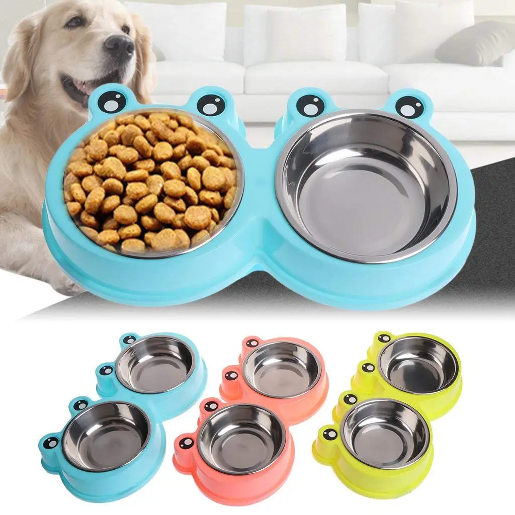 GMSP Fashion Cute Pet Dogs Cats Double Cute Cartoon Frog Bowls, Stainless Steel Food Water Feeder. (Pink)