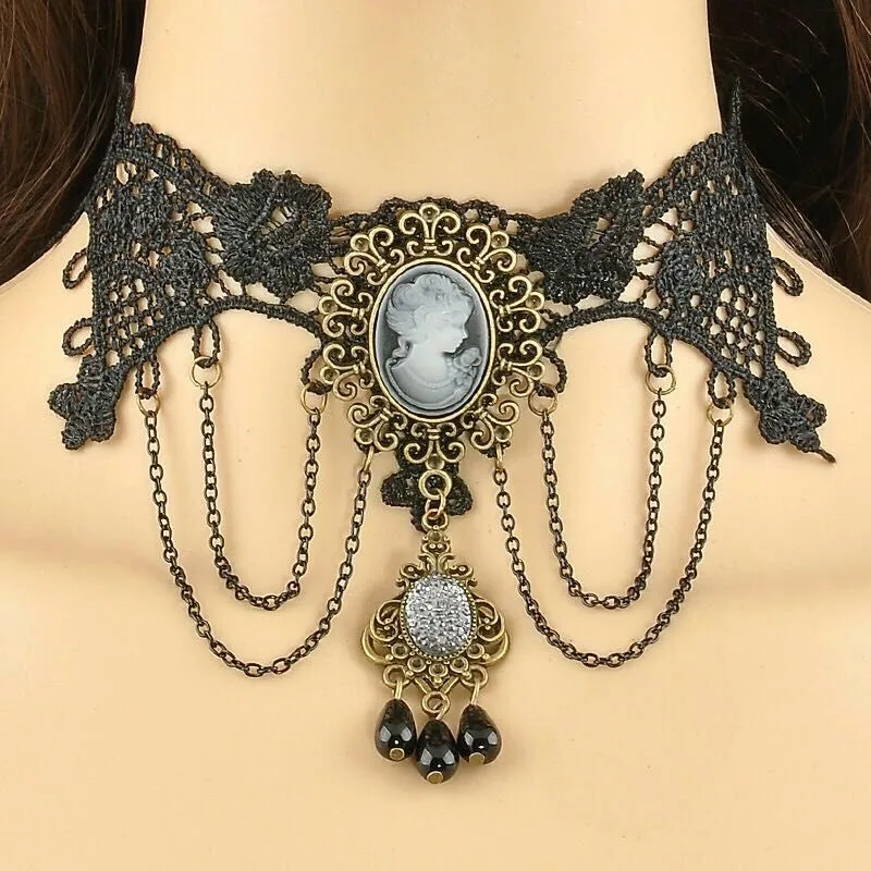 Vintage Gótico Gargantilla Collar Tatuaje Borla Colgante Estilo Punk de encaje