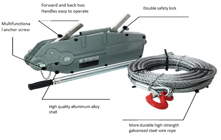Aluminum alloy wire rope lever hoist tirfor hand winch