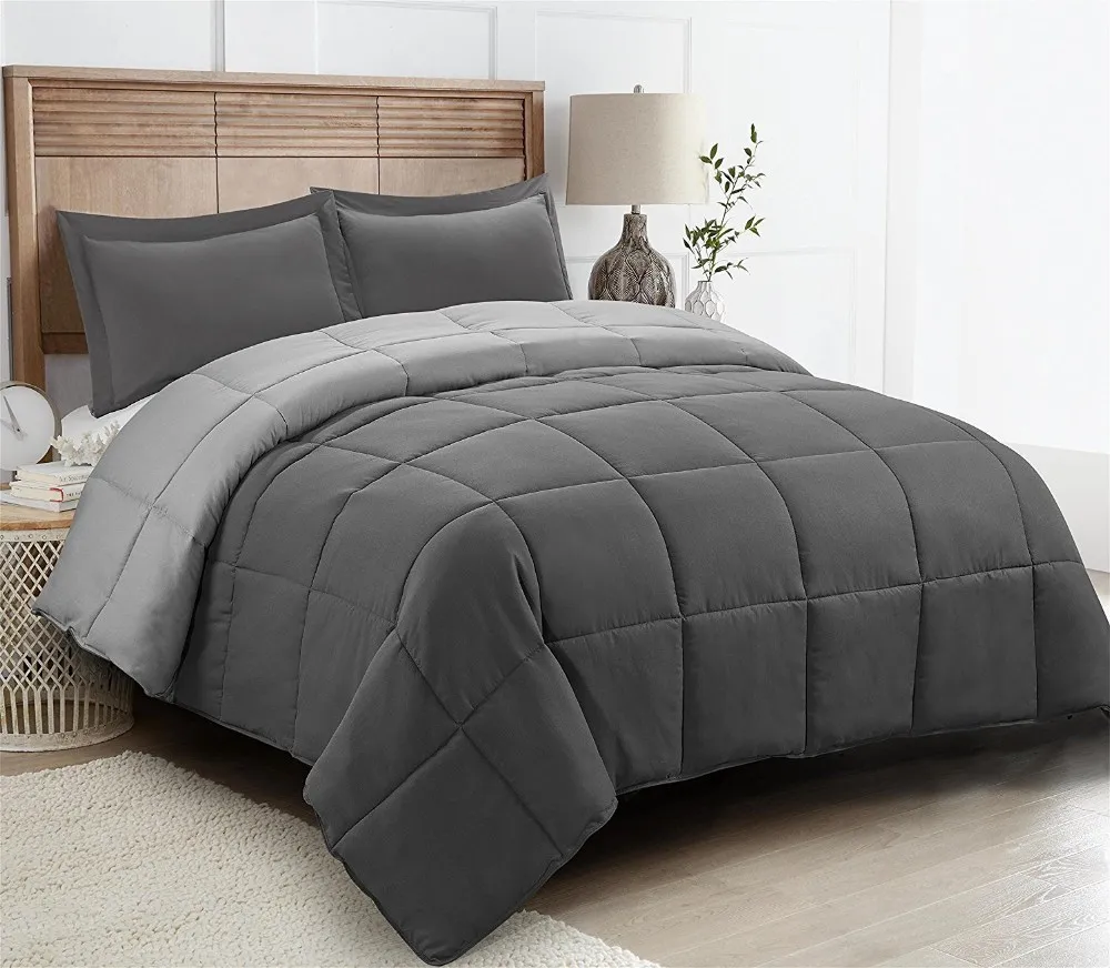 3 Pieces Reversible Box Stitched Quilted Comforter Sets With Corner Tab