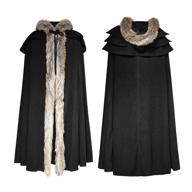 Y-673 Punk Rave Gothic Men's Black overbearing winter long cloak with fur