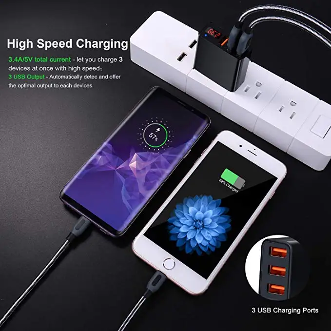 USB Wall Charger 3.4A/5V 3-Port USB Charger Block Fast Travel Plug Adapter with Volt LED Display Compatible iPhone  samsung