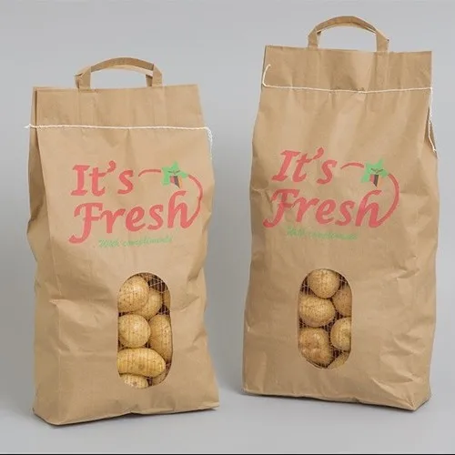 Handle Kraft Paper Bag With Mesh For Fruit Packaging