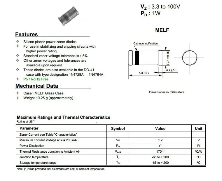 Pb Free Dl4739 1.0w Zener Diode Melf Package Buy Dl4739 1.0w Zener