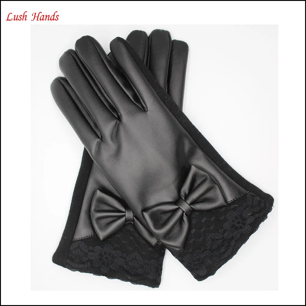 fashion ladies black PU leather gloves black spandex velvet have black lace and bow