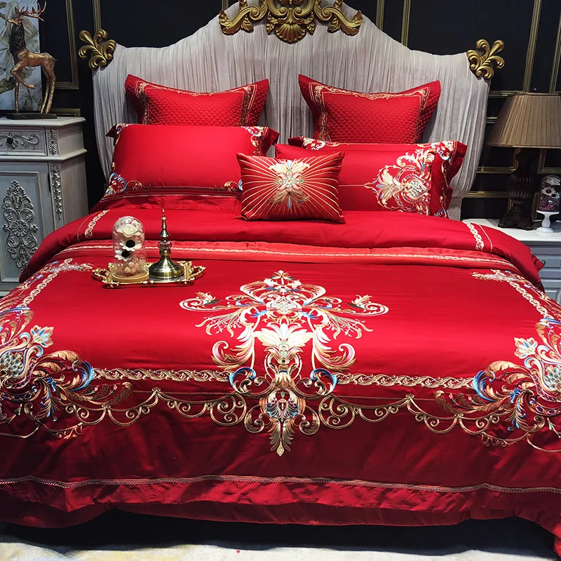 Luxury Embroidered Big Red Cotton Comforter Duvet Cover Queen Satin