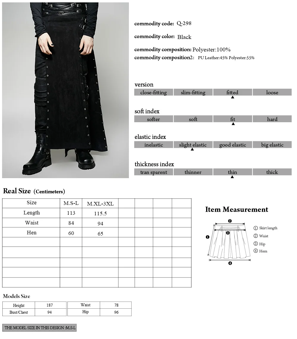 Q-298 PUNK RAVE Punk Personality Woolen Black PU Lather Spanking Split Skirt