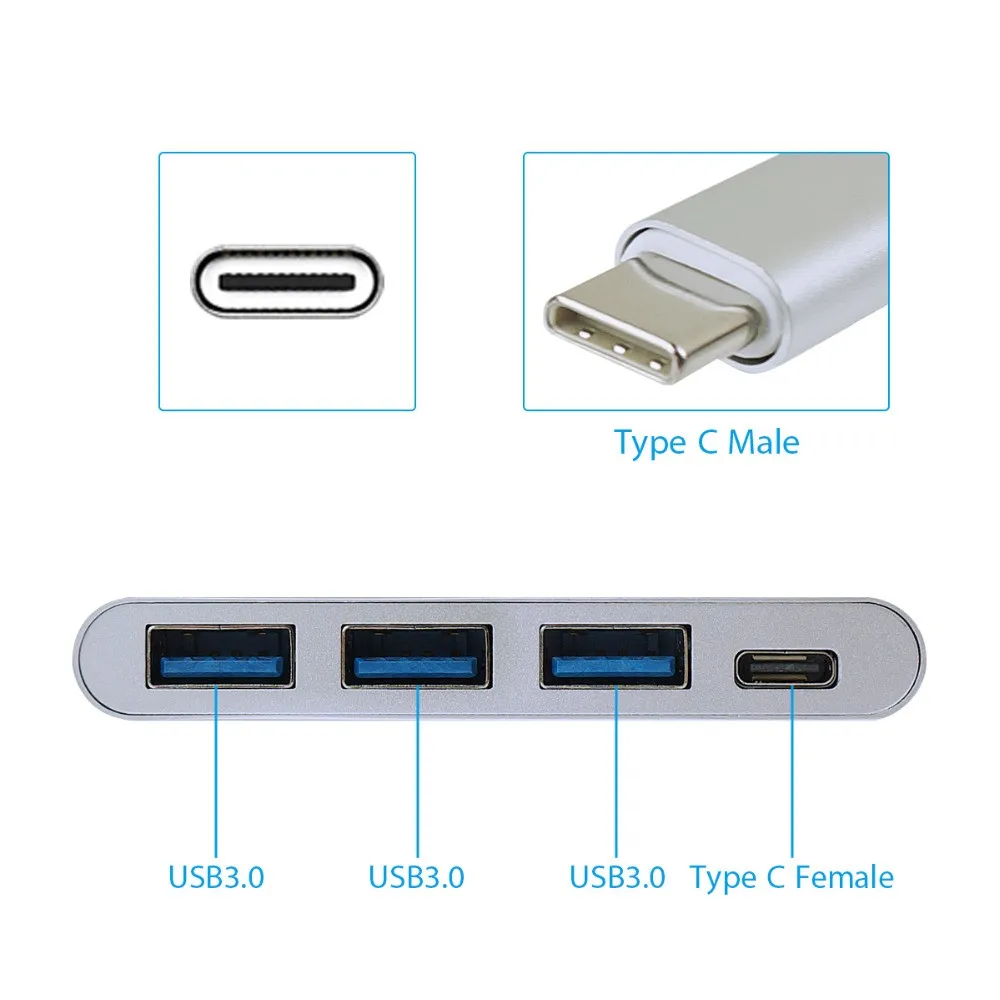 3 端口 usb type c 轉 usb 3.0 集線器適配器,帶充電電源