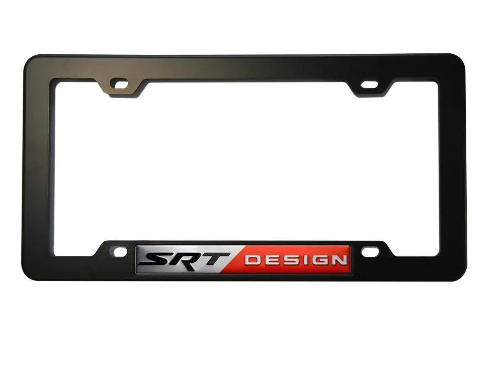 BLACK License PLATE Tag FRAME with SRT DESIGN Street Racing Technology Aluminum Emblem Badge Nameplate Logo Decal Rare JDM for Dodge Challenger Charger Viper Neon Caliber Crossfire Firepower Super Bee Drag Pak Tomahawk Magnum Ram Chrysler 300C Nassau Jeep Grand Cherokee SRT-4 SRT-6 SRT-8 SRT-10