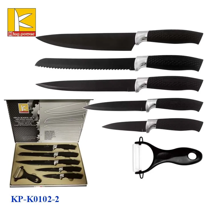 6pcs Swiss Line Non Stick Coating Black Pp/tpr Handle Gift Box Knife