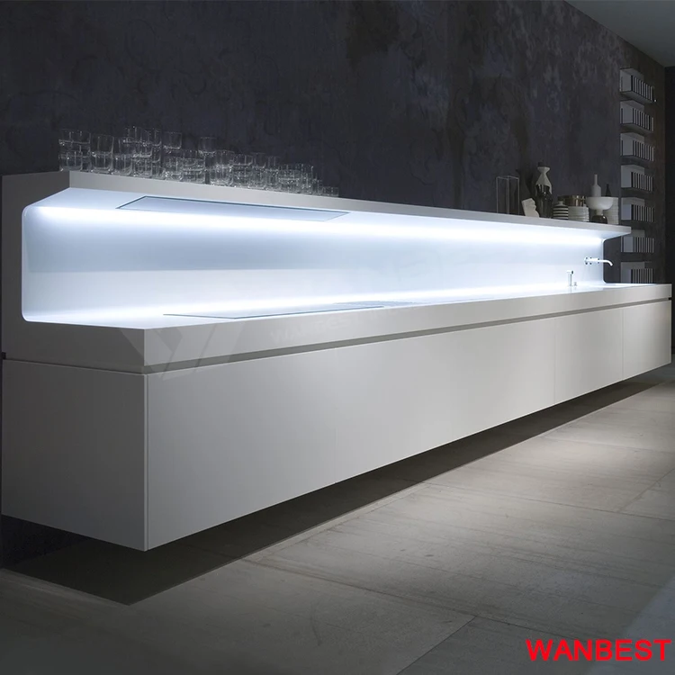 High Gloss Solid Surface Illuminated Led Kitchen Bench Table Cabinet with Storage Shelf