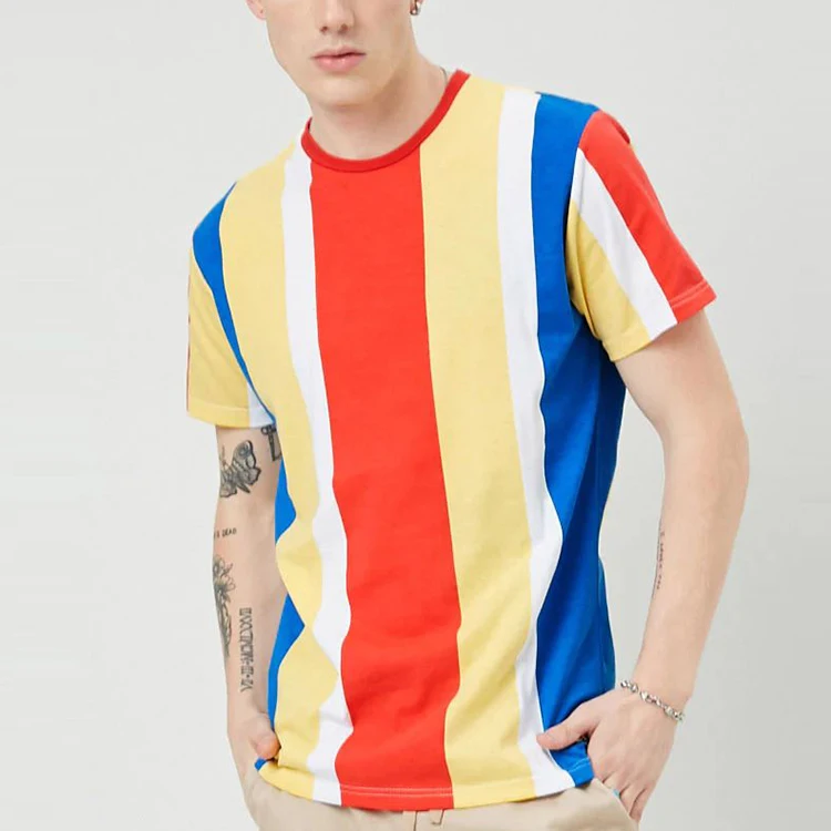 T Shirt Men Crew Neck Short Sleeves Color Block T Shirts Bulk With Multicolor Stripes - Buy T Shirt,Color Block T Shirt Men,T Shirts In Bulk Product on