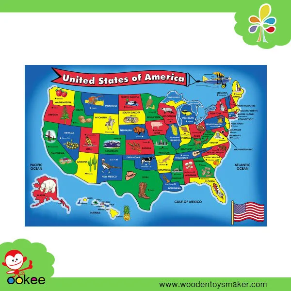 wooden blue style jigsaw puzzle usa map 51 pcs