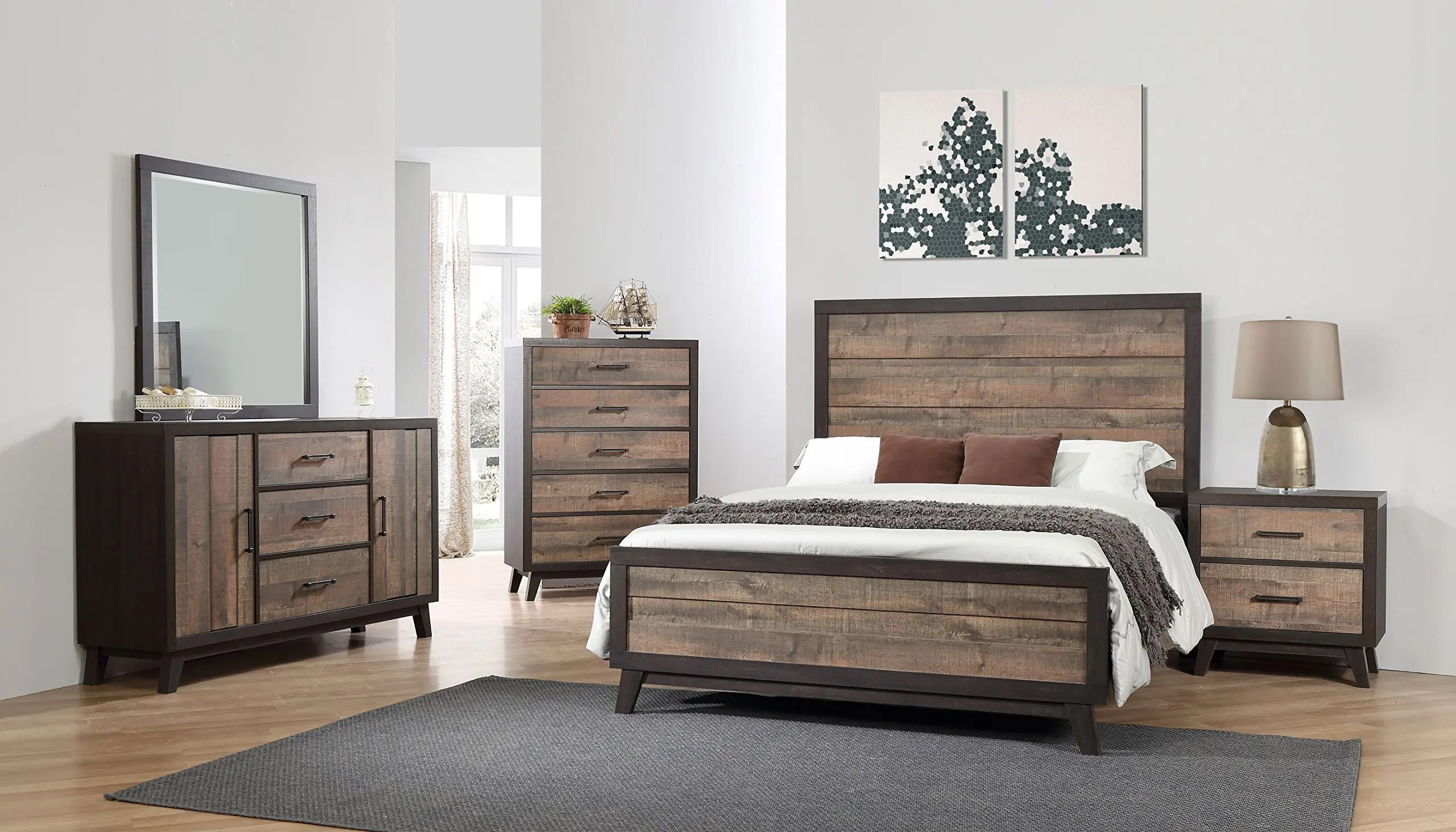 Mirror 6 Piece Antique Grey Wood Queen Size Bedroom Set