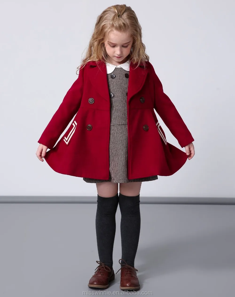 Kids Winter Clothes Wholesale New Fashion Girls Claretred Wool Coats
