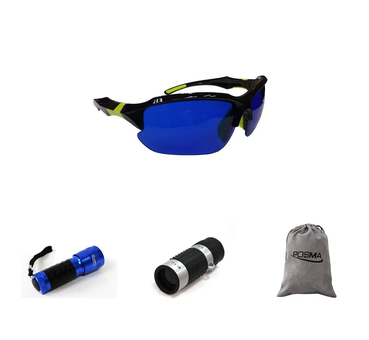 POSMA SGG-050D Golf Ball Finder Glasses Bundle Set with Golf Ball Finder Torch Ultraviolet UV Flashlight + Golf Rangefinder High Definition Mini Monocular Pocket Scope Flannel Storage Bag