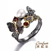 Butterfly Design Button Pearl 925 Sterling Silver Ring with Black Gold Plated