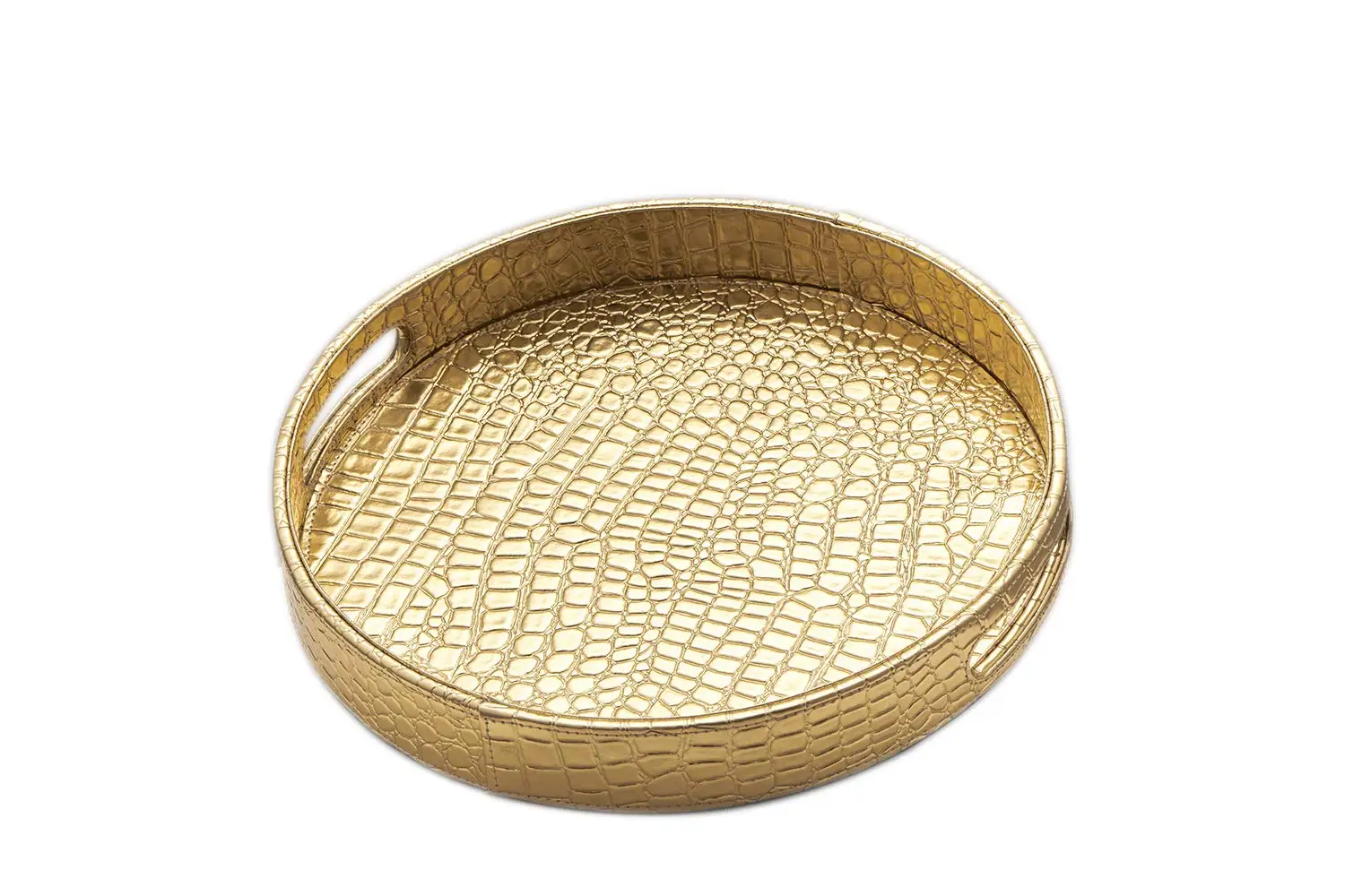 带把手的金色光面鳄鱼皮圆形托盘滚动托盘