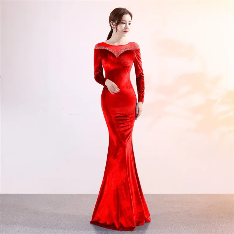 2019 newest 5 colors evening party scoop neck long sleeves crystal velvet velour vestidos de fiesta prom dress