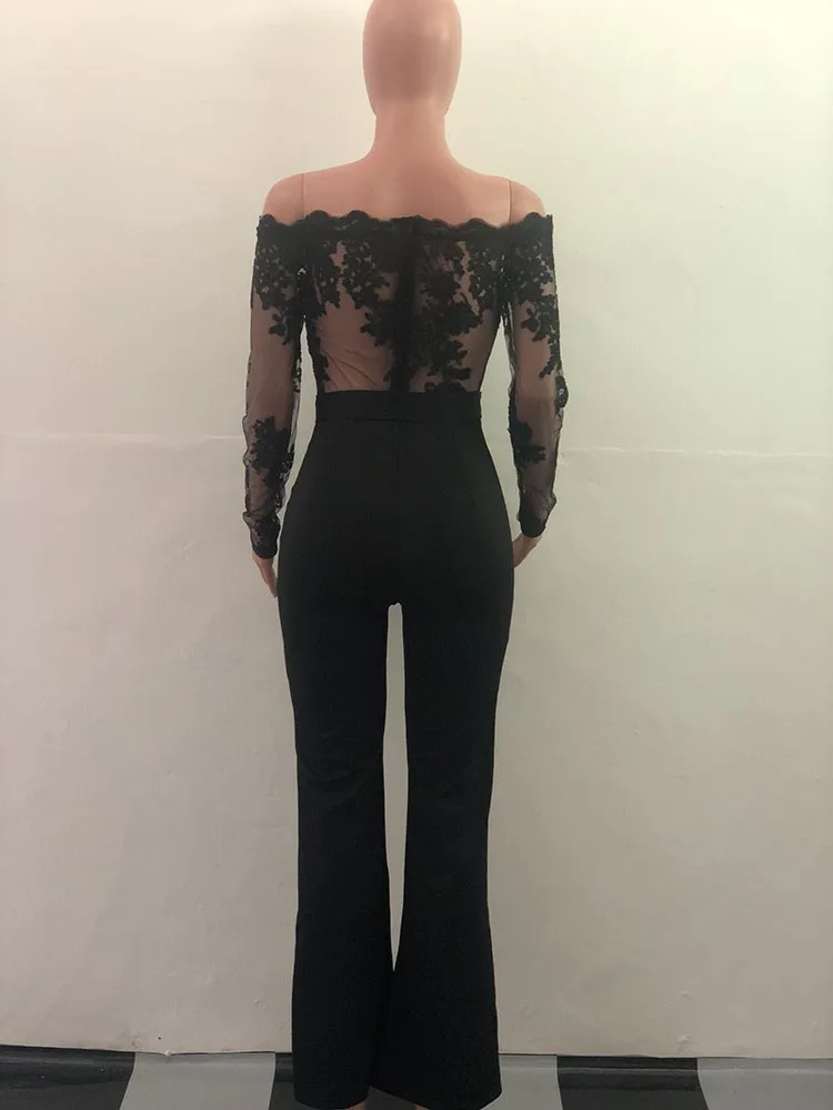 Off Shoulder Guipure Lace Tie Waist Womens Jumpsuit