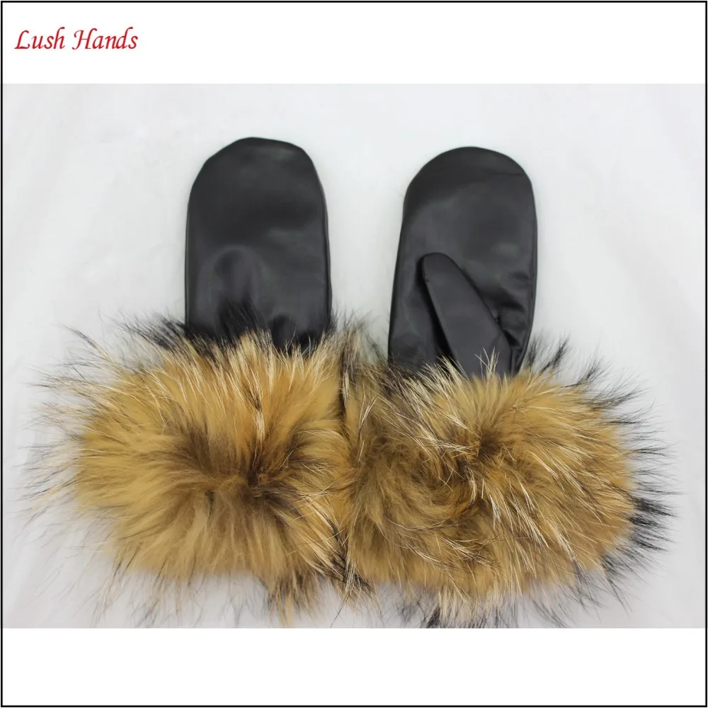 ladies winter sheepskin genuine leather mittens with long fur