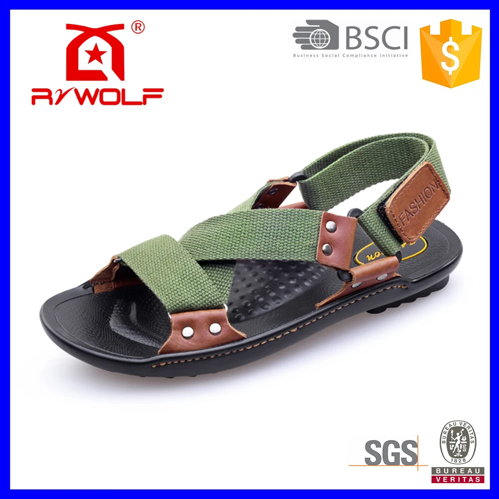 RZWOLF 2016 new design green textile flat rubber men cheap leather sandal