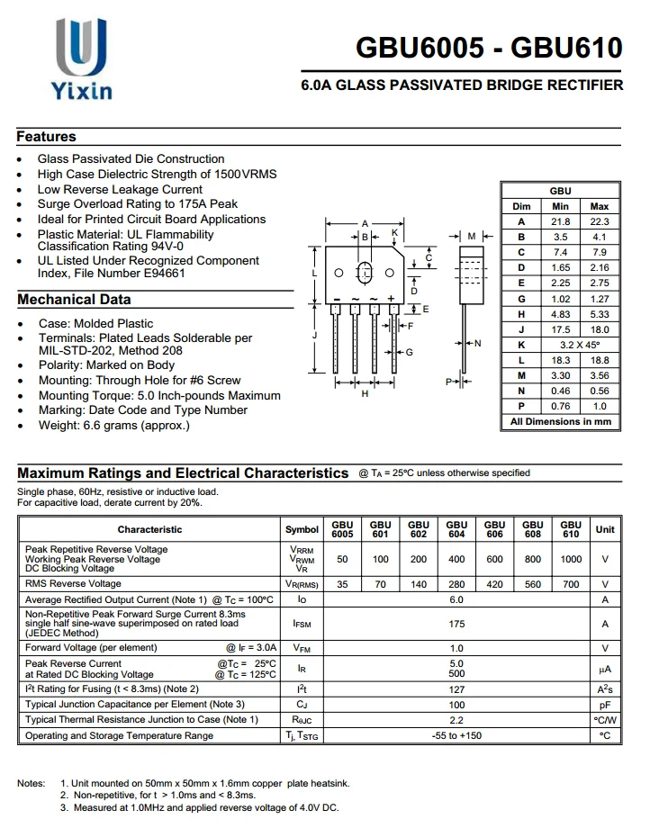 6A 600V 4-Pin GBU Bridge Rectifier 5 x Lite-On GBU606