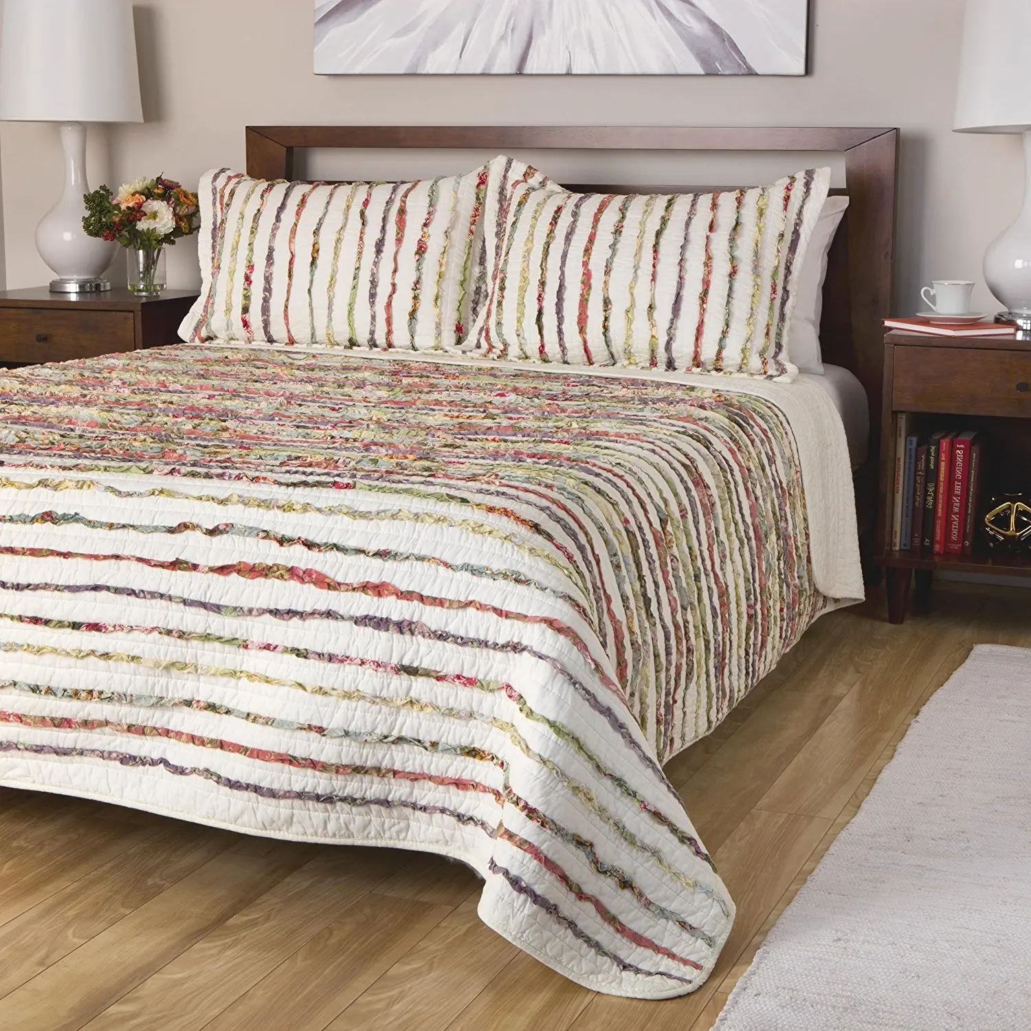 2 Piece Beautiful Ruffled Rainbow White Twin Quilt Set, Floral Striped Pattern Themed Bedding Green Red Blue Yellow Purple Garden Cream Classic Chic Summer Spring Vintage Cottage Chic, Cotton