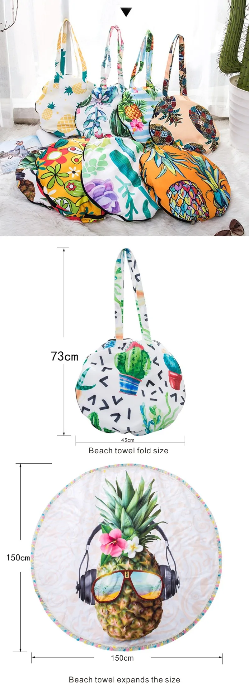 Wholesale 2 In 1 Folding Beach Towel Bag Personalized Printed Custom Microfiber Round Beach