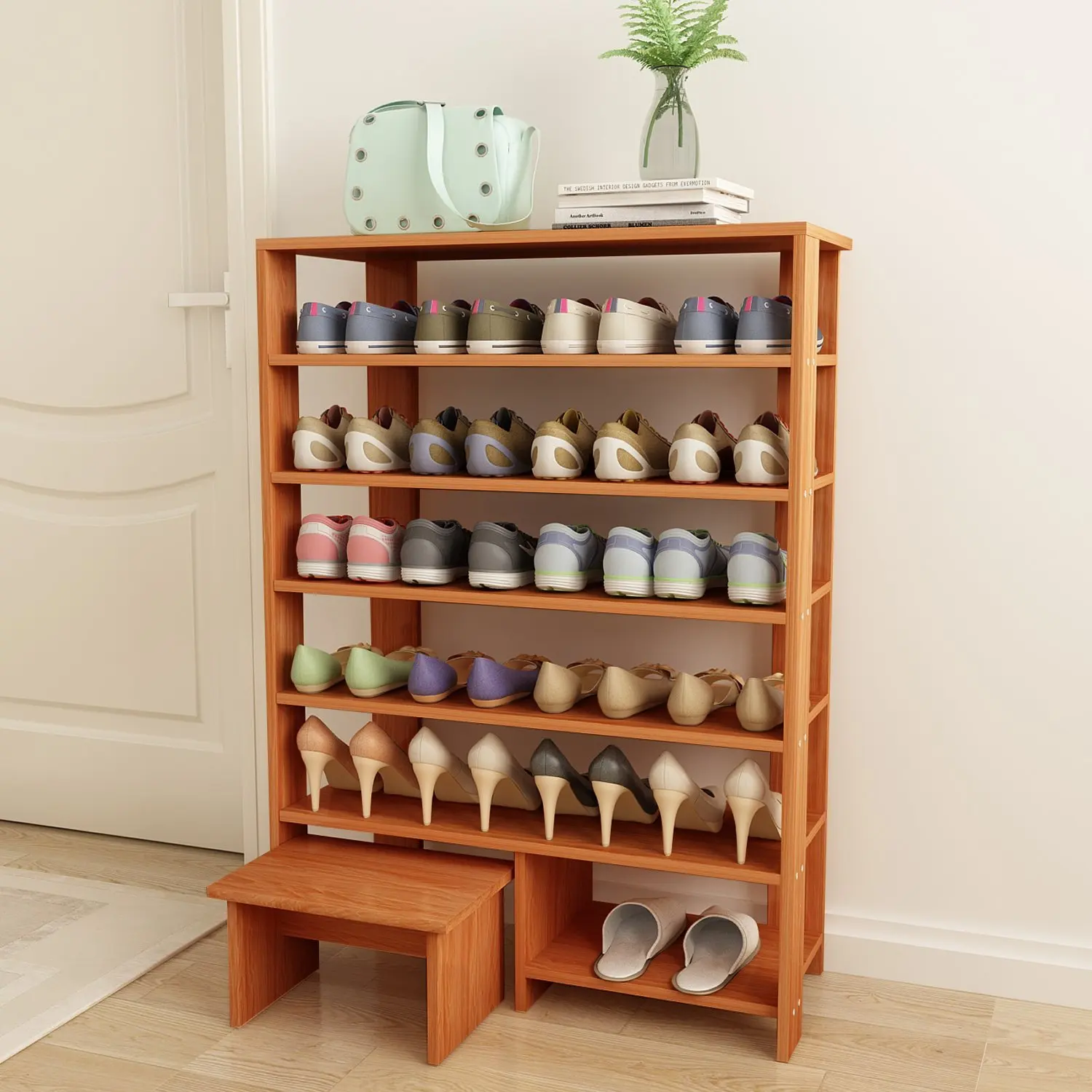 Buy Jerry Maggie 6 Tier 100 Solid Wood Shoe Rack With One Footstool Shoe Storage Shelves Free Standing Flat Shoe Racks Classic Style Multi Function Shelf Organizer