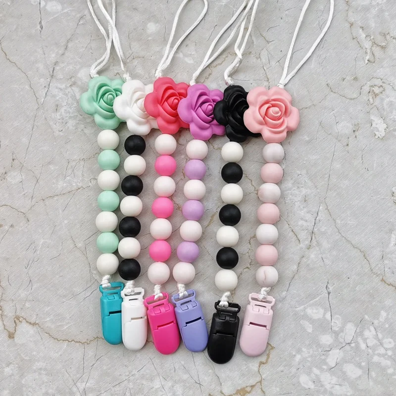 Pacifier Chain Wood Silicone Bead Flower Strap Holder Baby Teether Teething Care